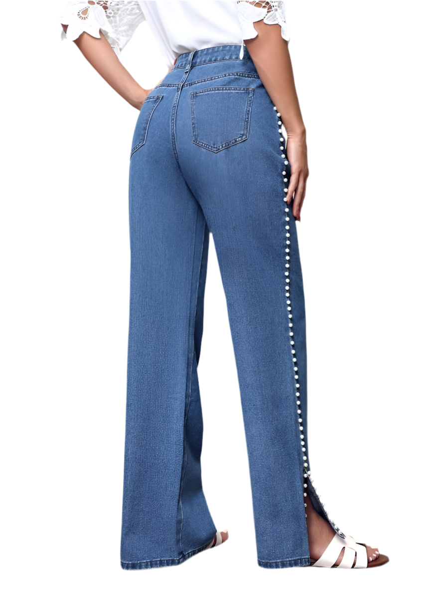 Pearl Embellished Wide-Leg Denim Pants