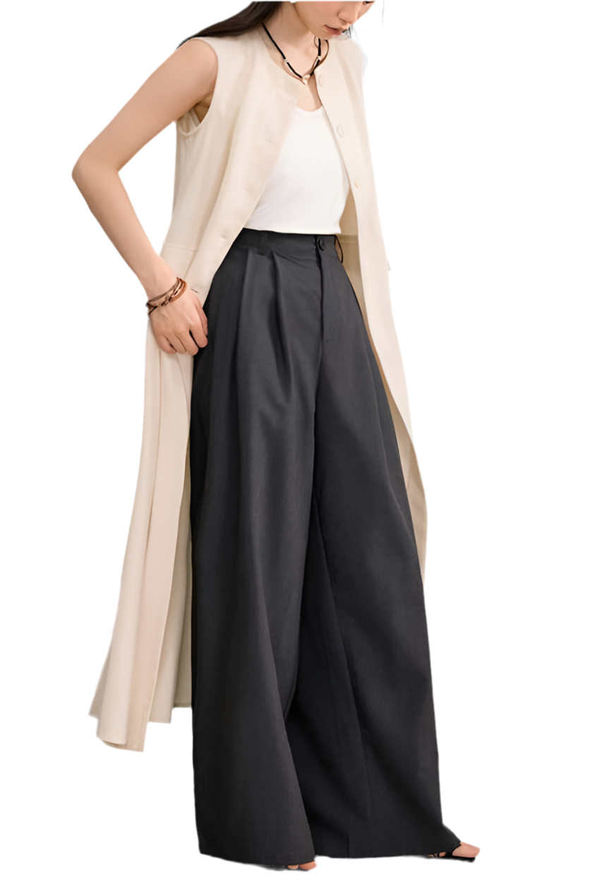 Minimalist Beige Sleeveless Long Coat and Wide-Leg Pants Co-ord Set.