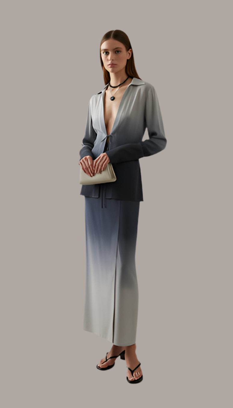 Silk blend ombre skirt and jacket set.