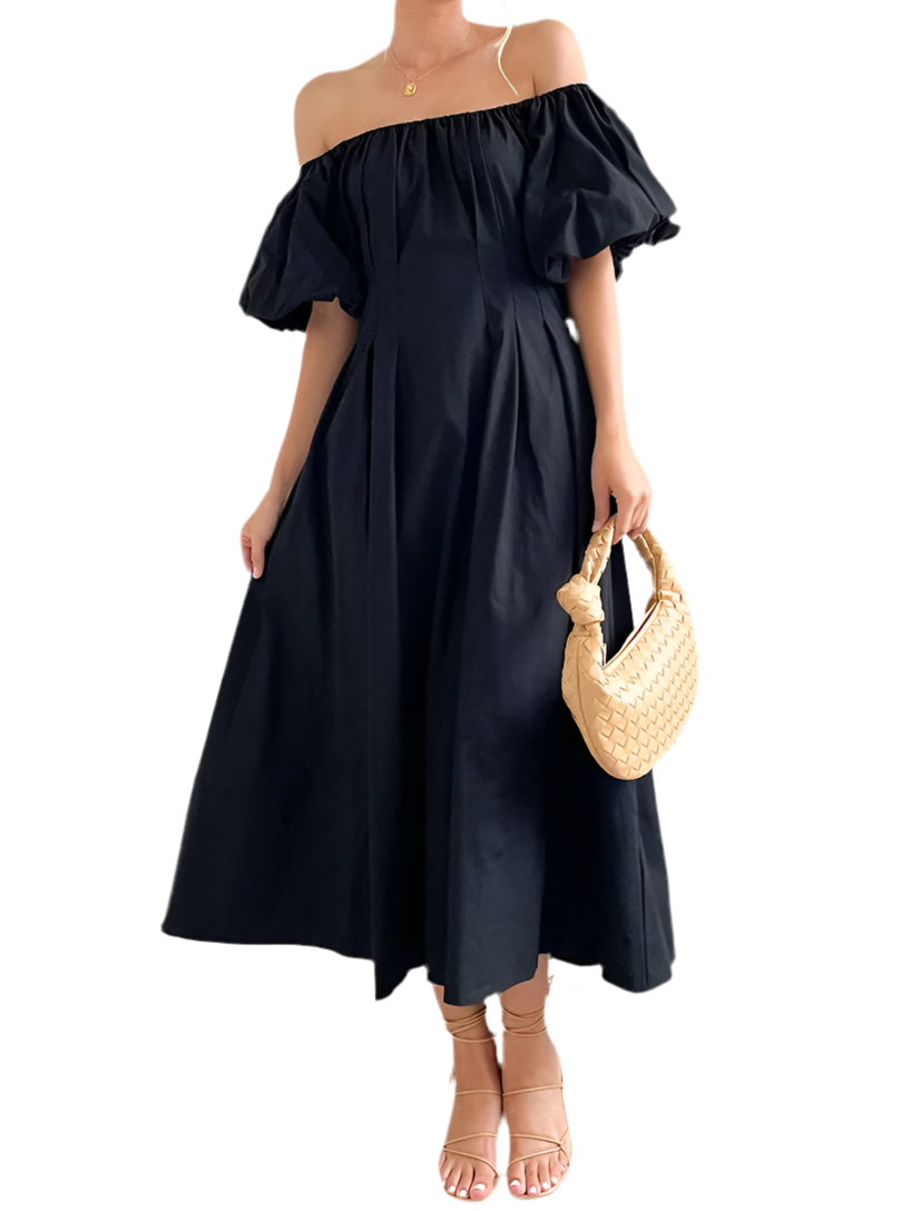 Off-Shoulder Puff Sleeve Midi Dress
