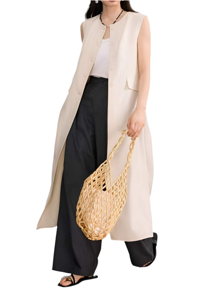 Minimalist Beige Sleeveless Long Coat and Wide-Leg Pants Co-ord Set.