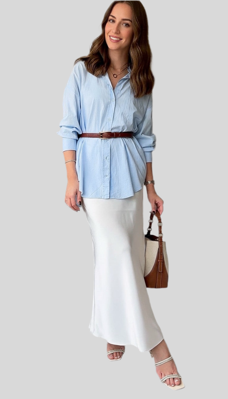 Blue Oversized shirt and Satin skirt Set