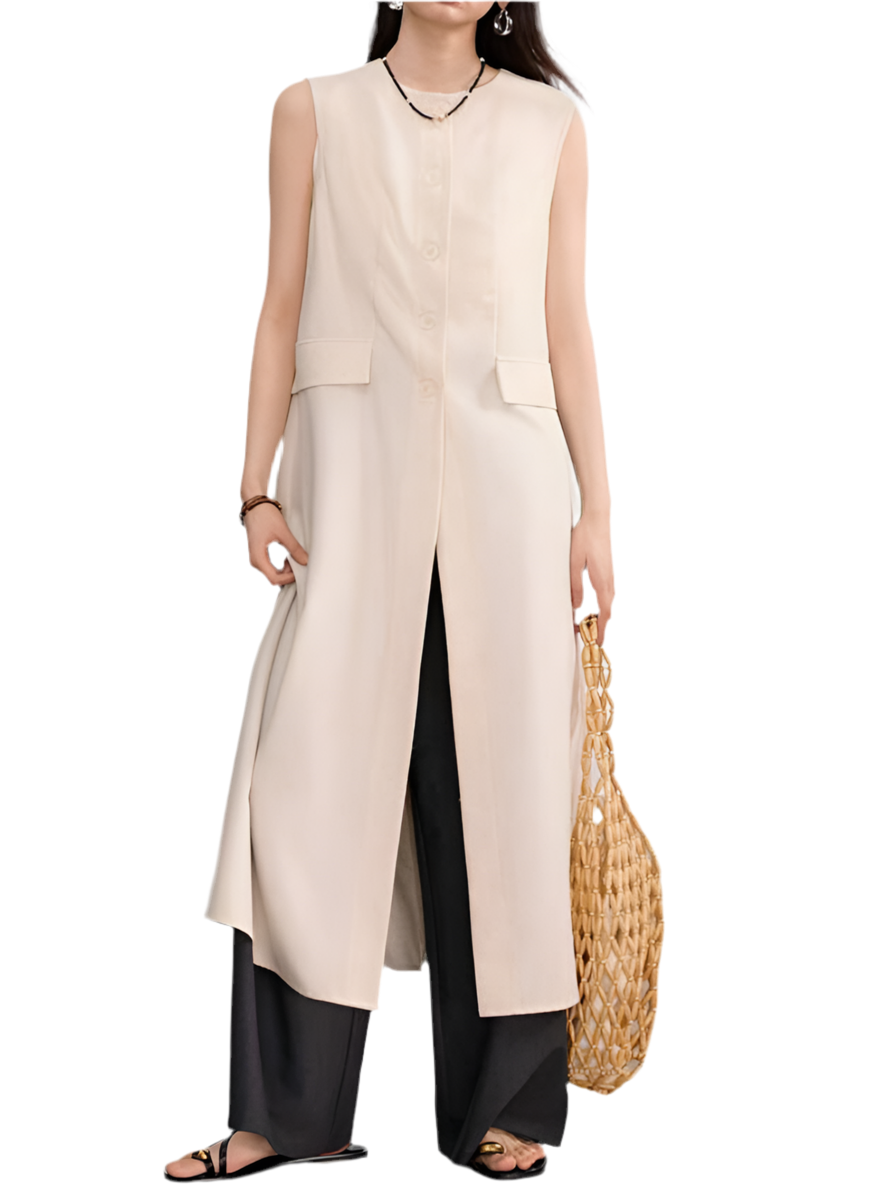 Minimalist Beige Sleeveless Long Coat and Wide-Leg Pants Co-ord Set.