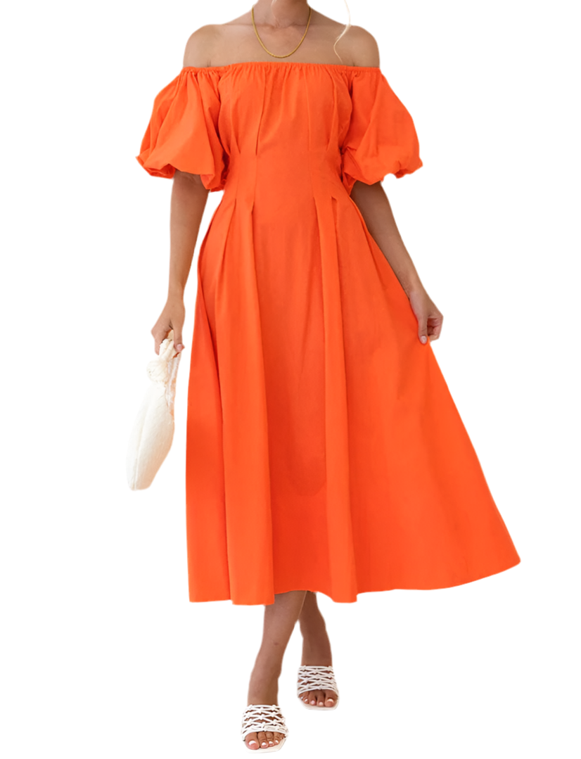 Off-Shoulder Puff Sleeve Midi Dress