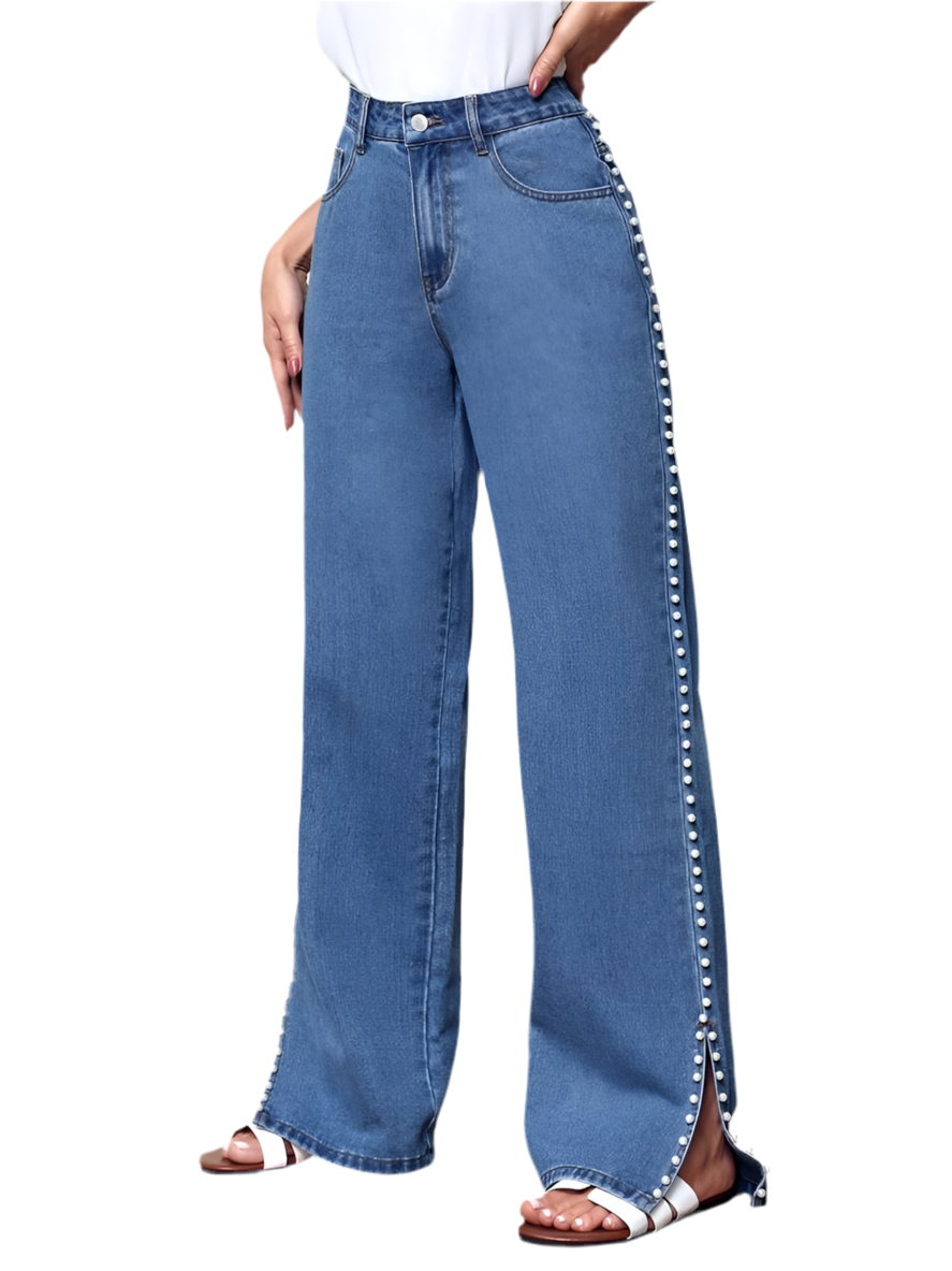 Pearl Embellished Wide-Leg Denim Pants