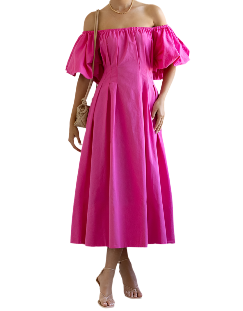 Off-Shoulder Puff Sleeve Midi Dress