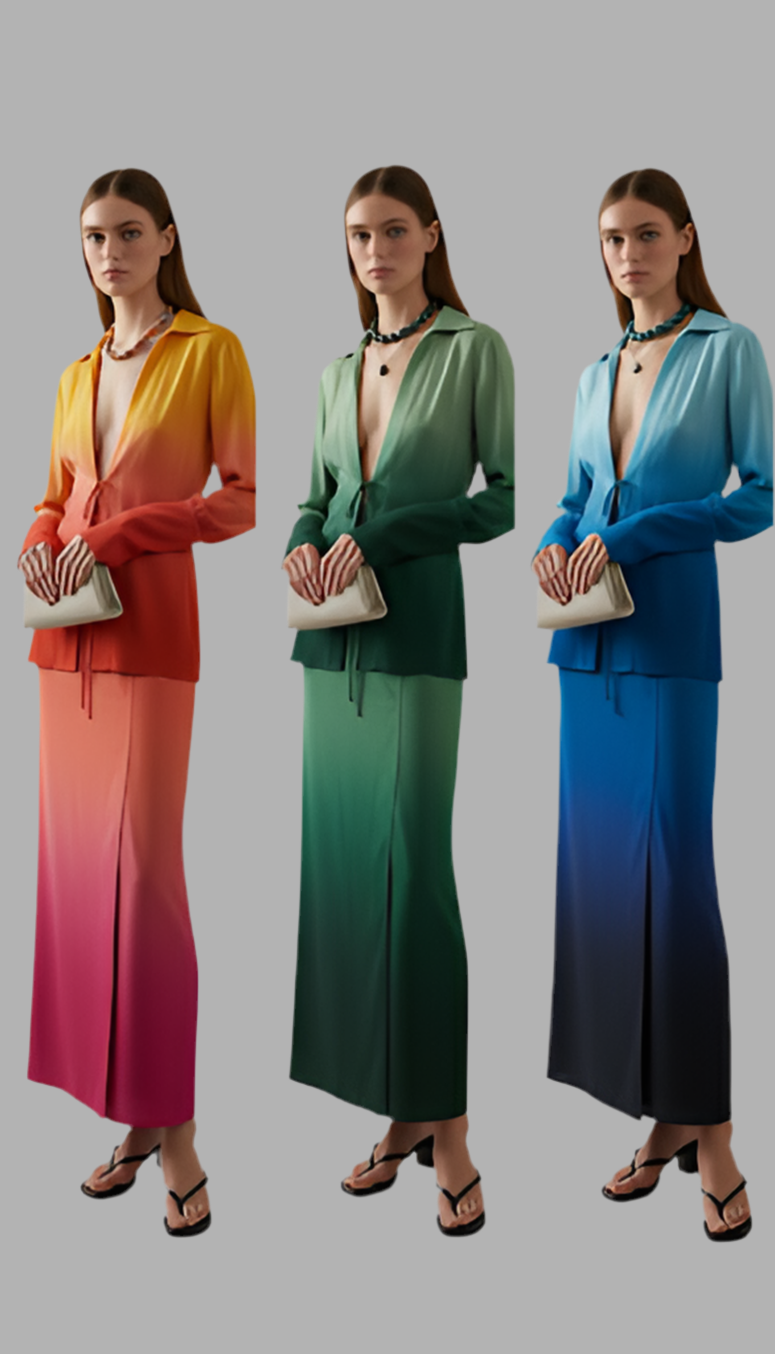 Silk blend ombre skirt and jacket set.