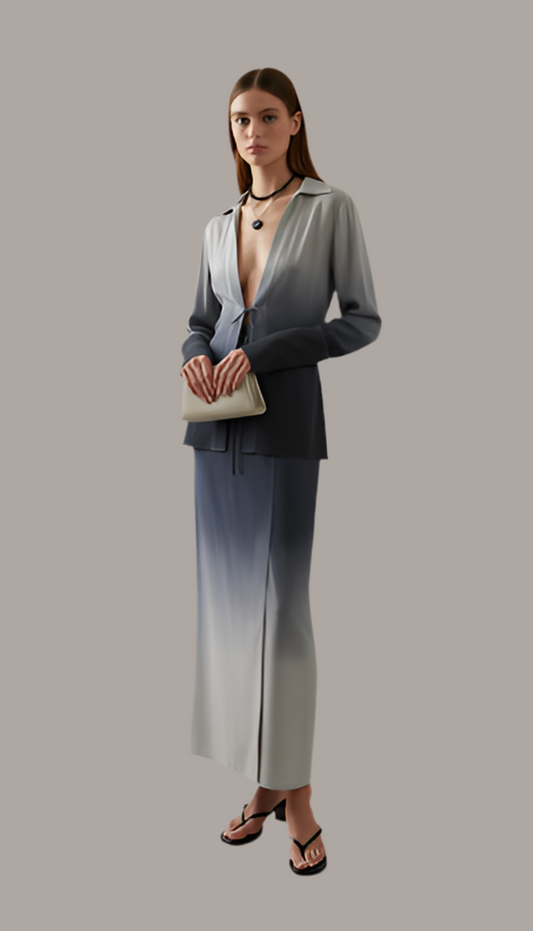 Silk blend ombre skirt and jacket set.