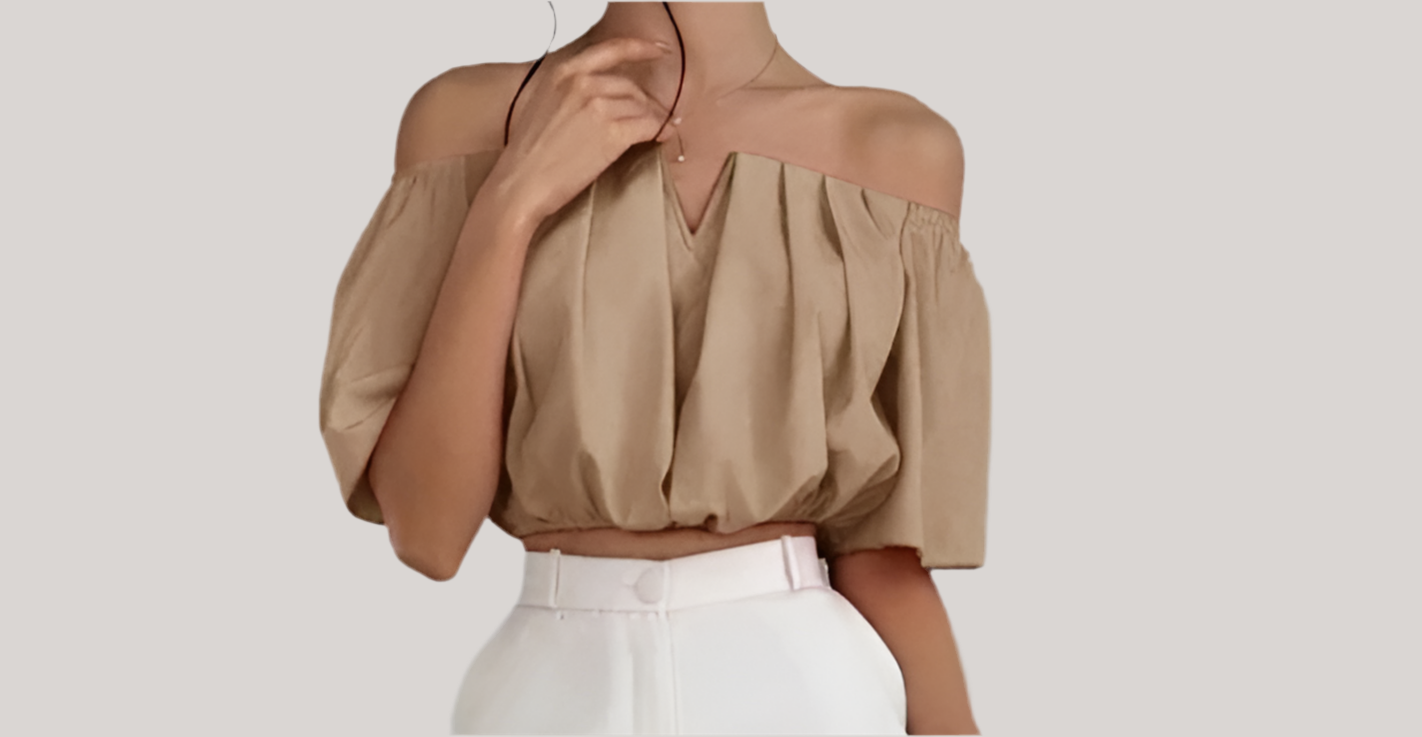 Casual Off-The-Shoulder Short Shirt With Pleats.