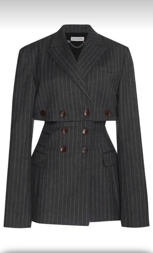 "Refined Sophistication: Redefine Elegance with Our Black Stripe Blazer Dress."