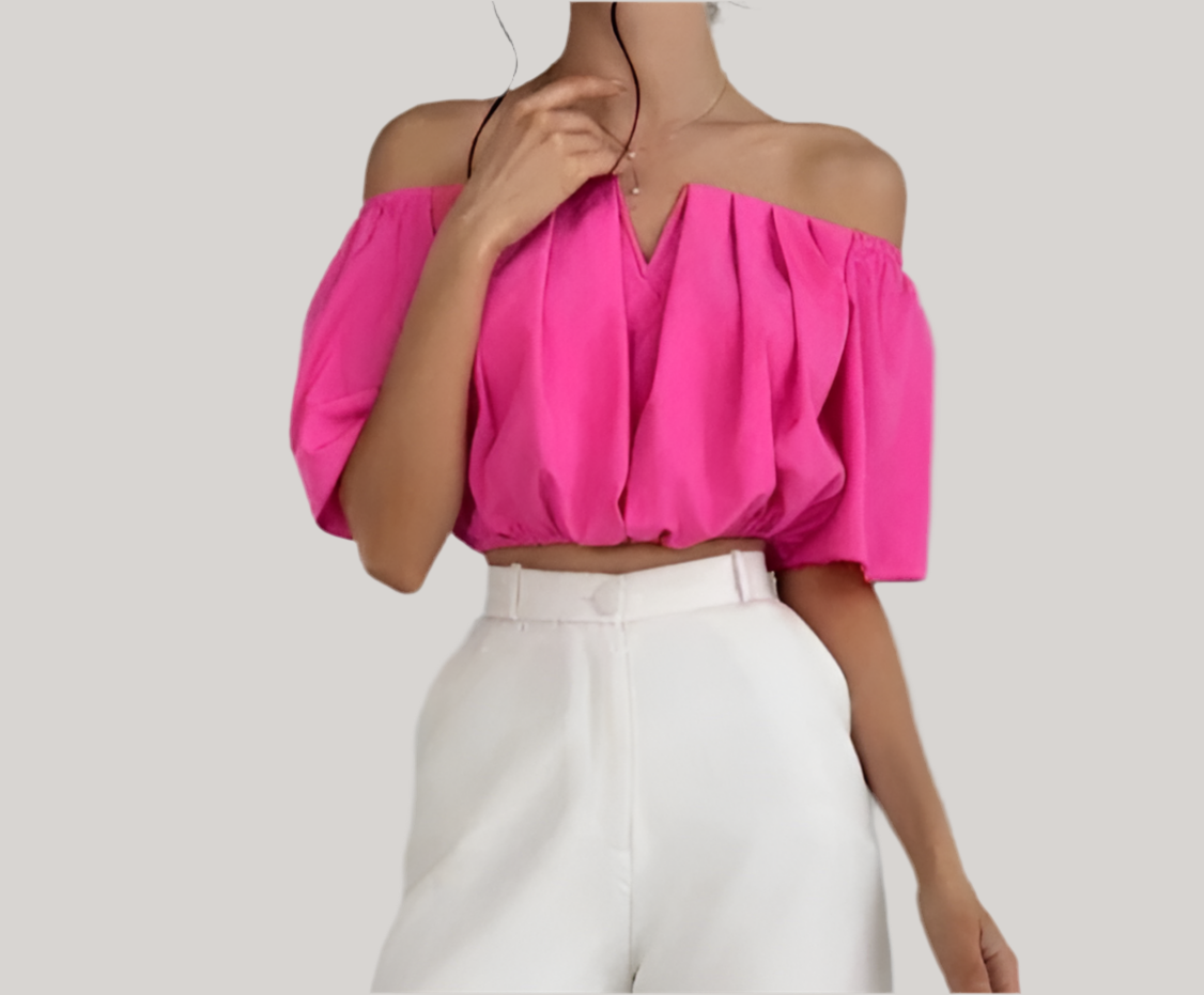 Casual Off-The-Shoulder Short Shirt With Pleats.