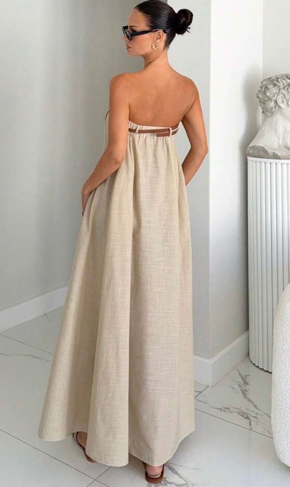 Minimalist Linen Strapless Belted Maxi Gown