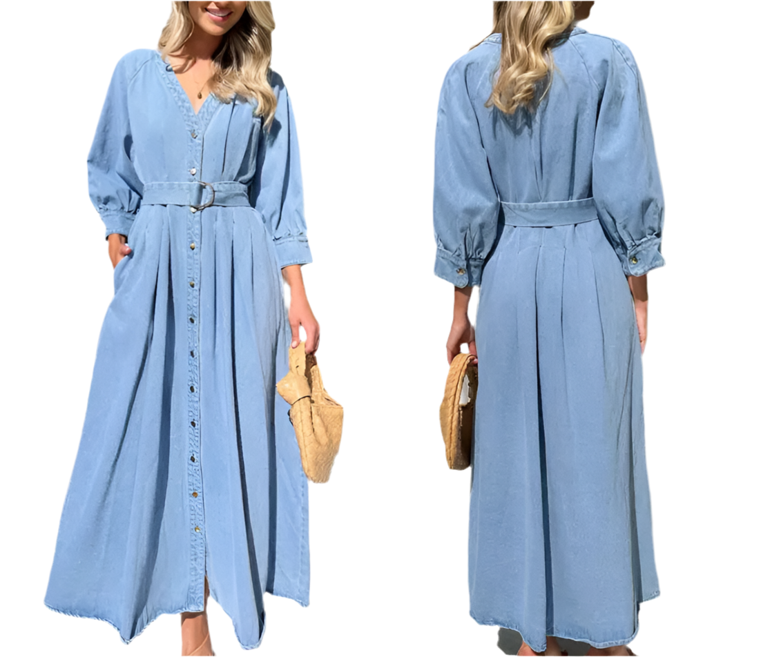 Casual Style Button Denim Long Dress.