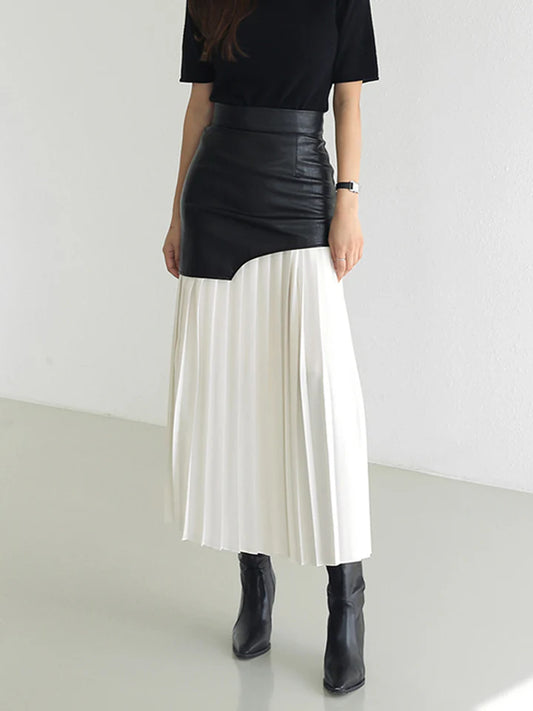 Asymmetric Patchwork Faux Leather Chiffon Pleated Midi Skirt.