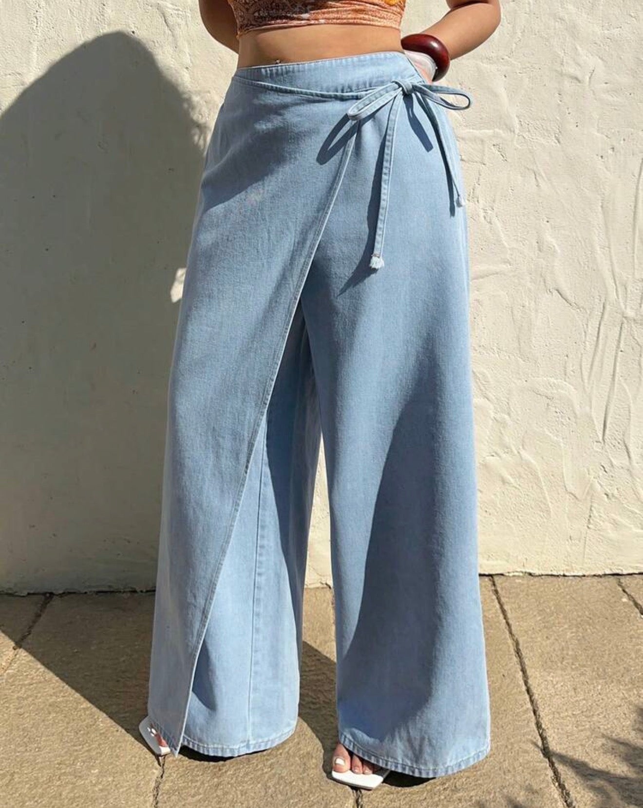 Overlap Wide-Leg Tie Trousers | Denim Wrap Jeans