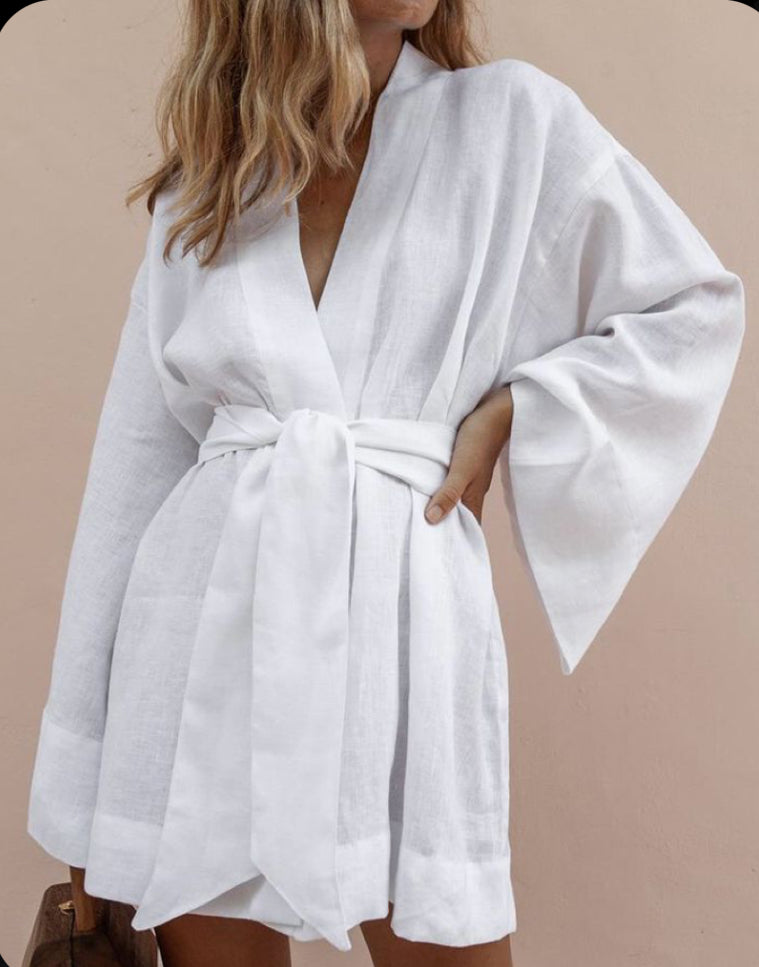 "Effortless Elegance: Embrace the Timeless Charm of Our Linen Blend Kimono Dress."