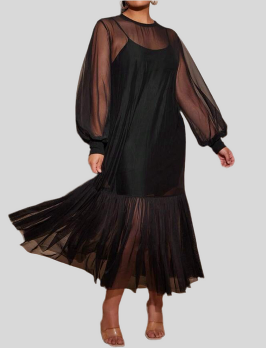 Sheer Mesh Overlay Midi Dress
