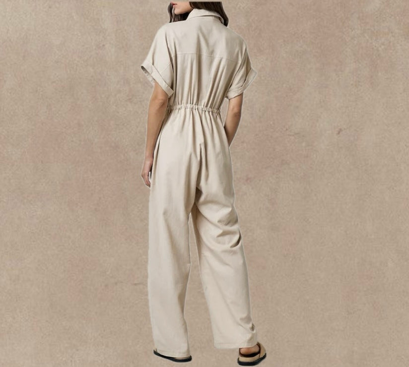 "Effortless Comfort: Elevate Your Everyday Look with Our Off-White Rayon Linen Blend Jumpsuit."