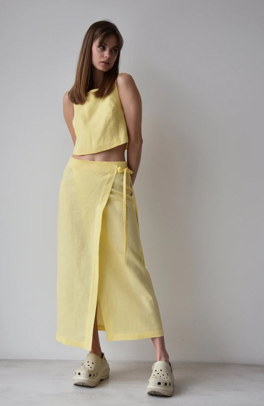 Linen wrap skirt with slit and crop top.