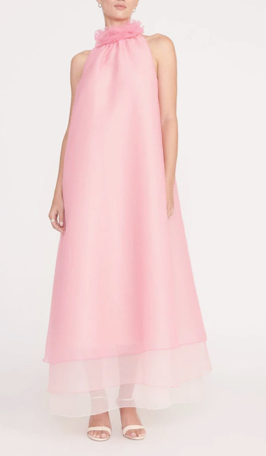 A maxi-length, tiered tent dress made out of organza. This style features a tiered ombre pattern, ruffle collar and hidden zipper closure at the back.