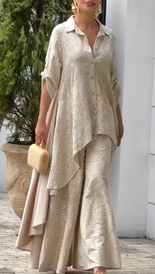 Export Chikan & Cotton Linen Upto-Down Tunic and Pant Co-ord Set