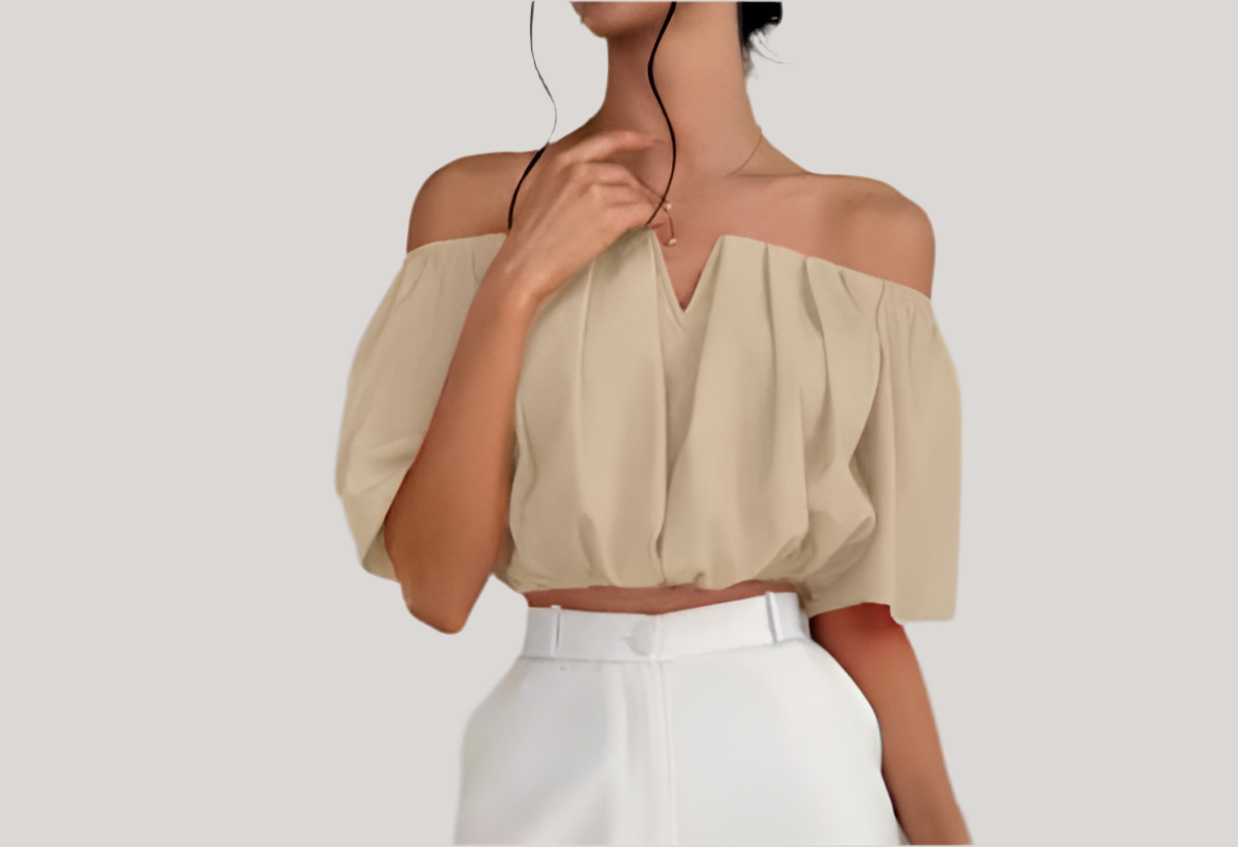 Casual Off-The-Shoulder Short Shirt With Pleats.