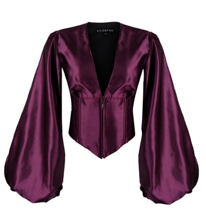 "Unveil Elegance: Embrace Romance with Our Wine Color Puff Sleeves Corset Top."