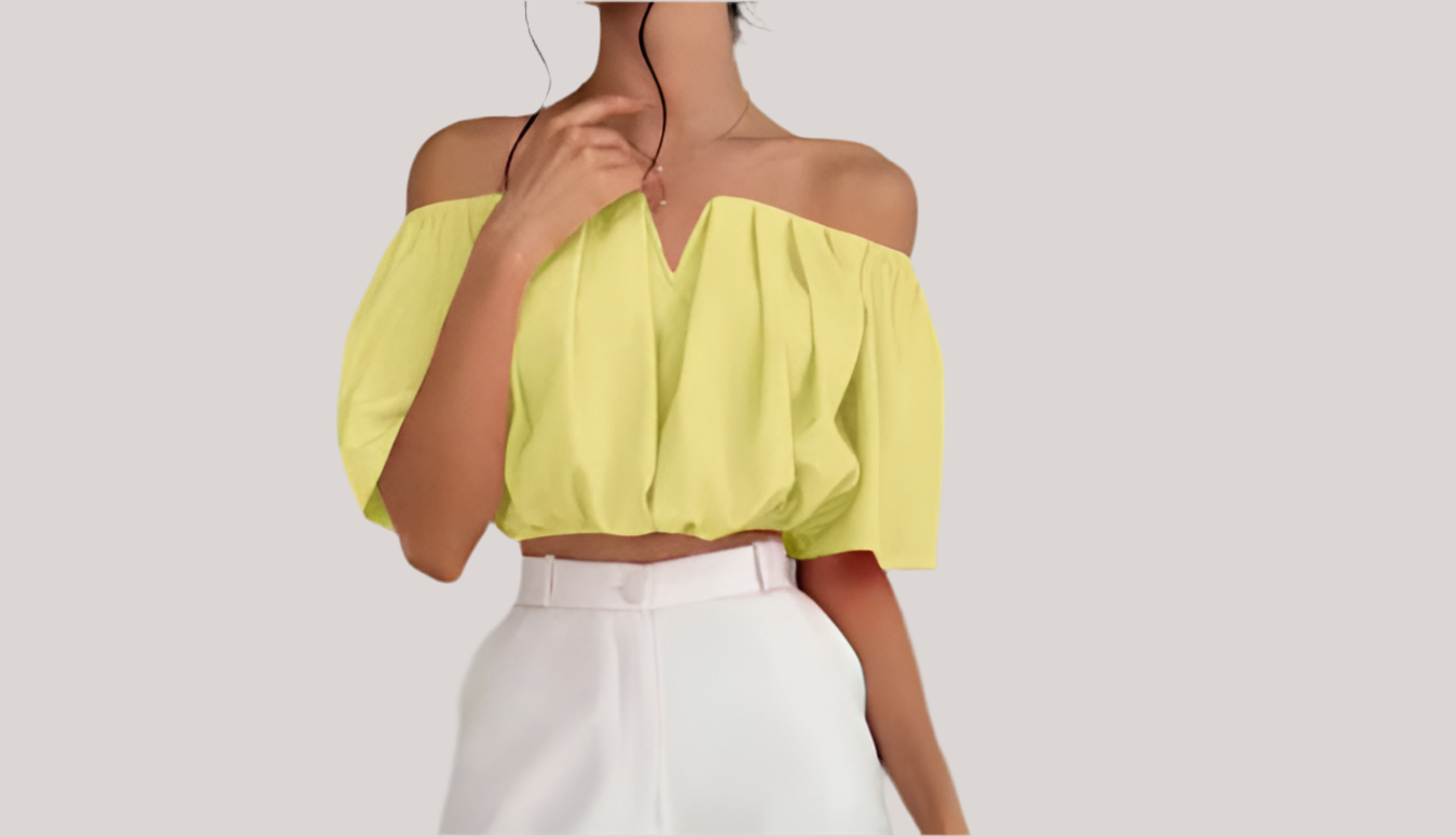 Casual Off-The-Shoulder Short Shirt With Pleats.