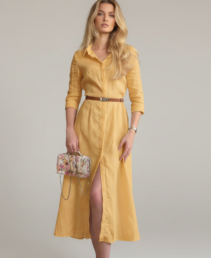 Belted linen blend shirt dress