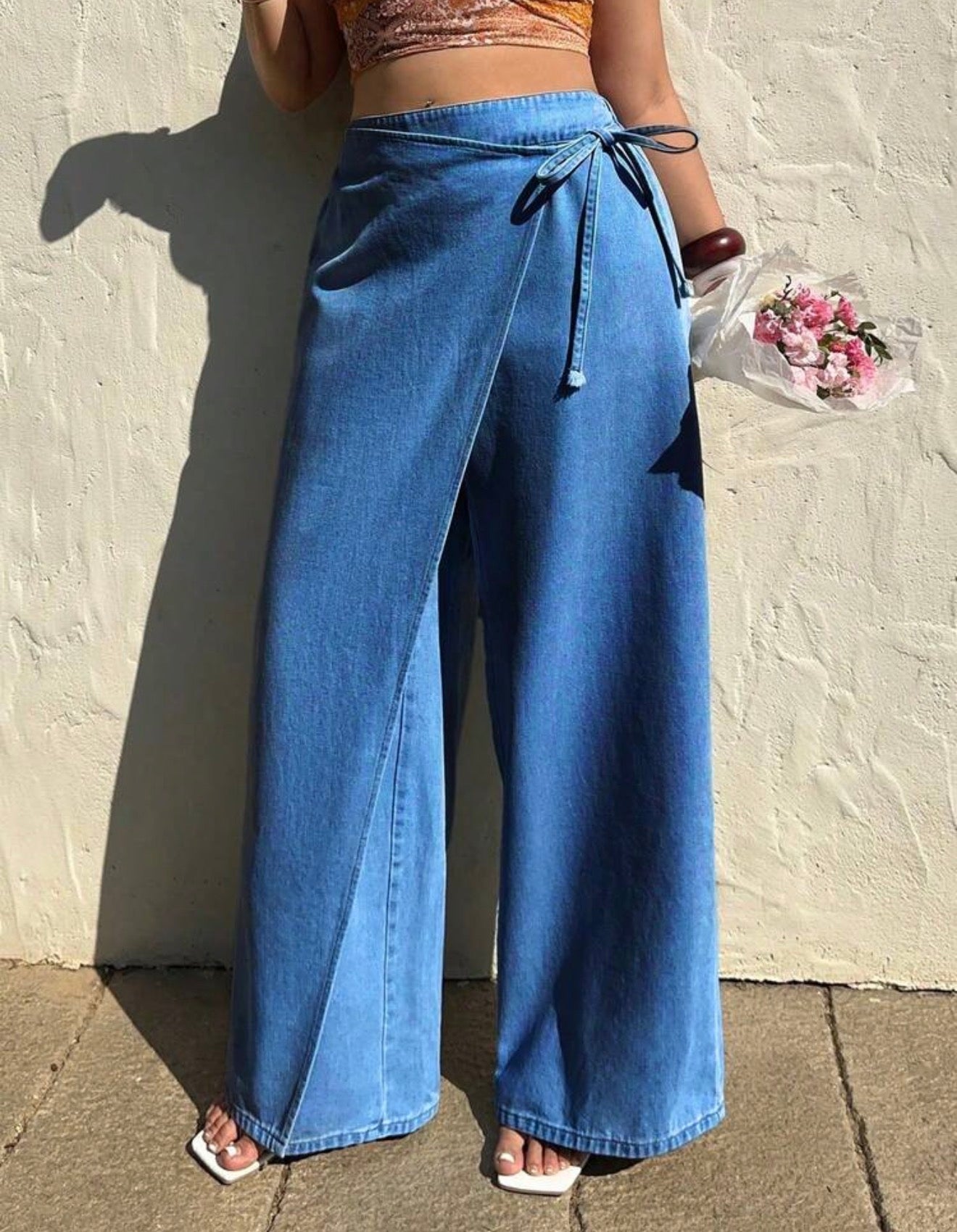 Overlap Wide-Leg Tie Trousers | Denim Wrap Jeans