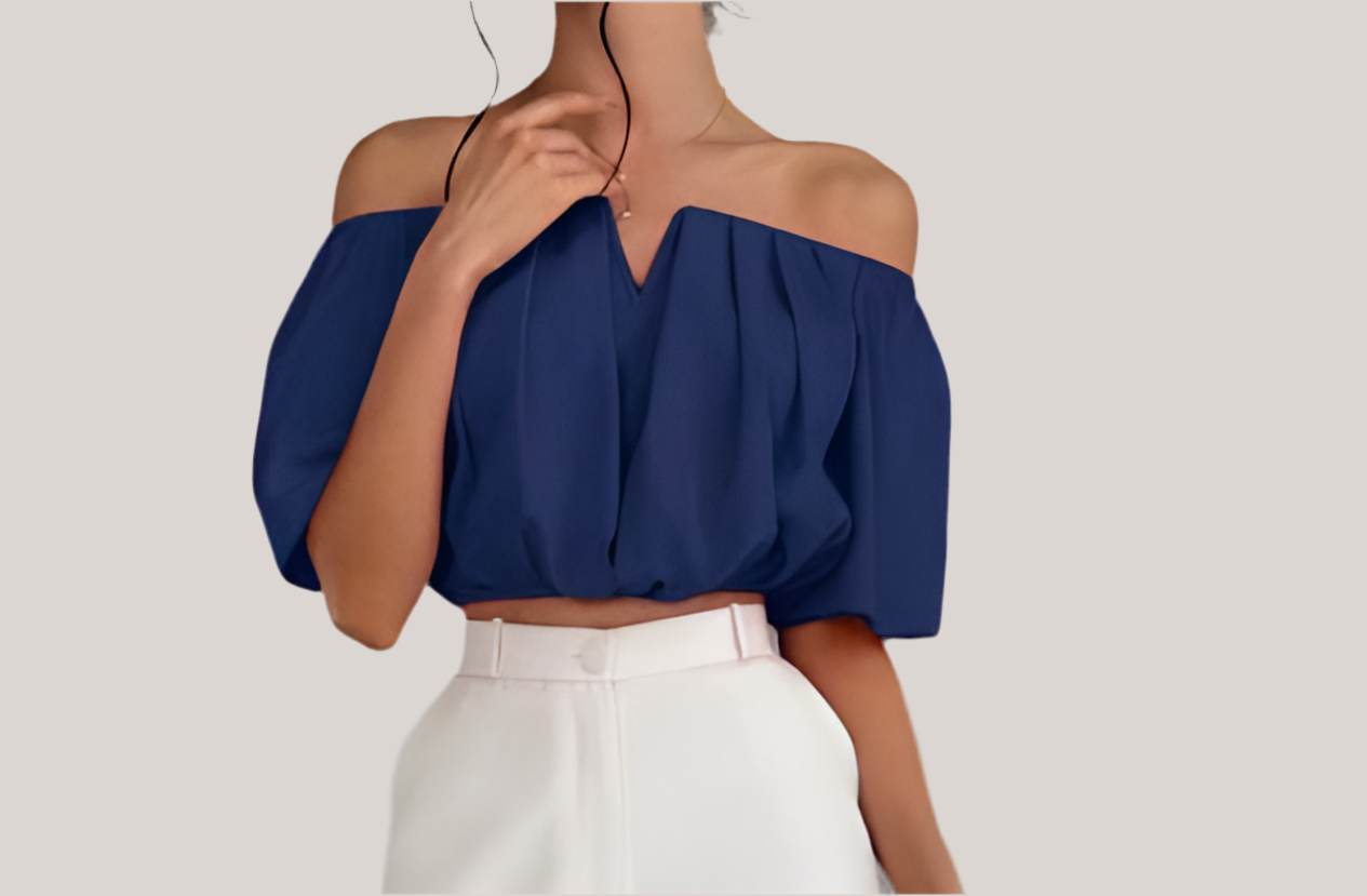 Casual Off-The-Shoulder Short Shirt With Pleats.