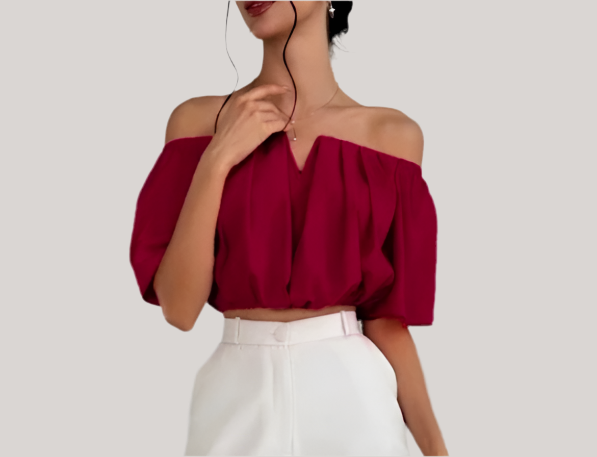 Casual Off-The-Shoulder Short Shirt With Pleats.