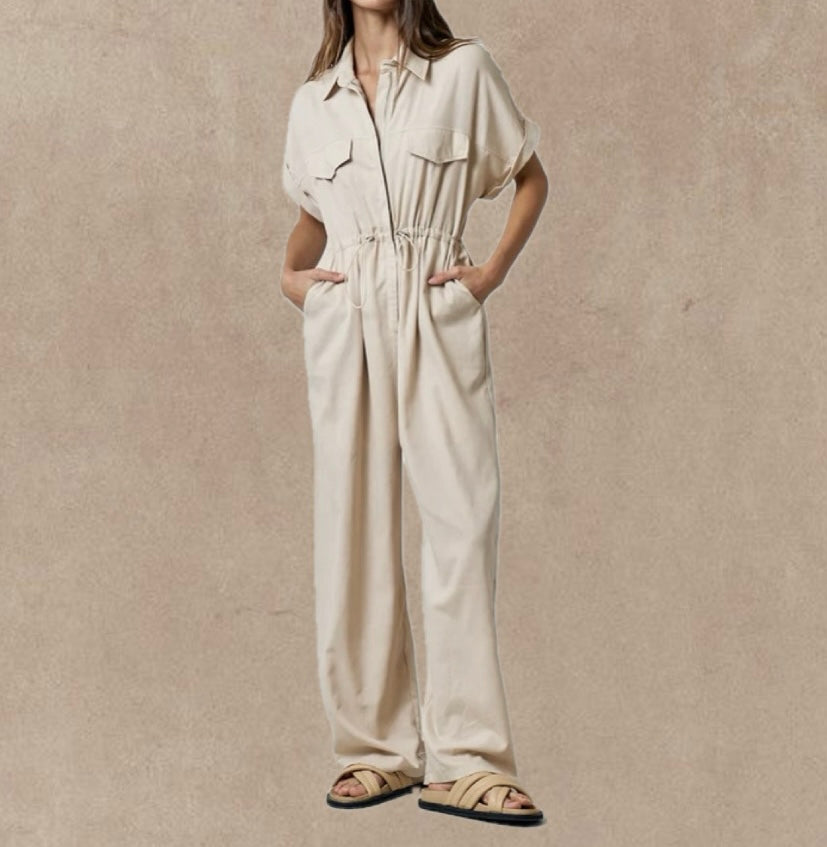 "Effortless Comfort: Elevate Your Everyday Look with Our Off-White Rayon Linen Blend Jumpsuit."