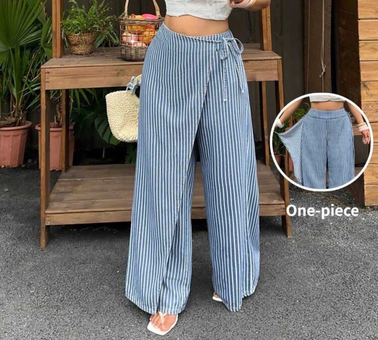 Overlap Wide-Leg Tie Trousers | Denim Wrap Jeans