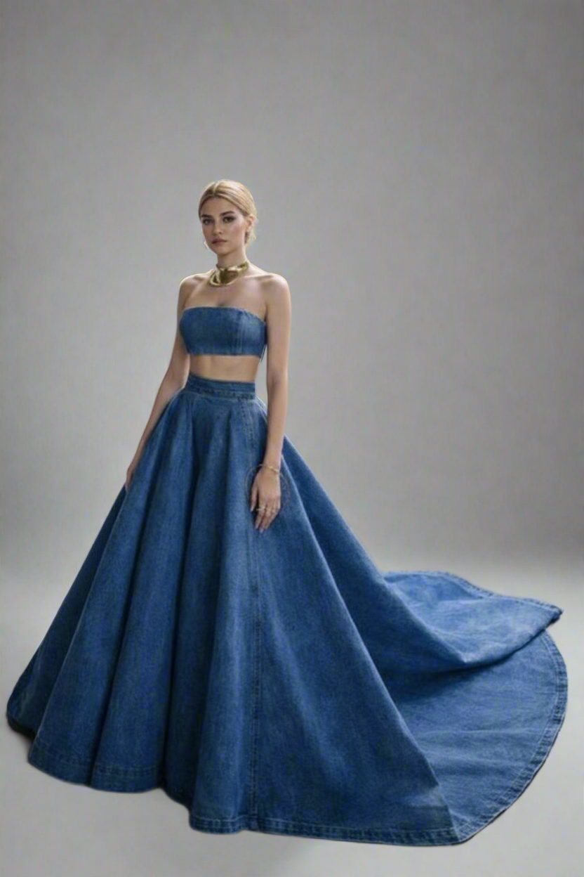 Midnight Indigo Denim Couture Set | Strapless Crop & Architectural Maxi Skirt
