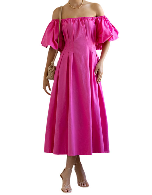 Off-Shoulder Puff Sleeve Midi Dress