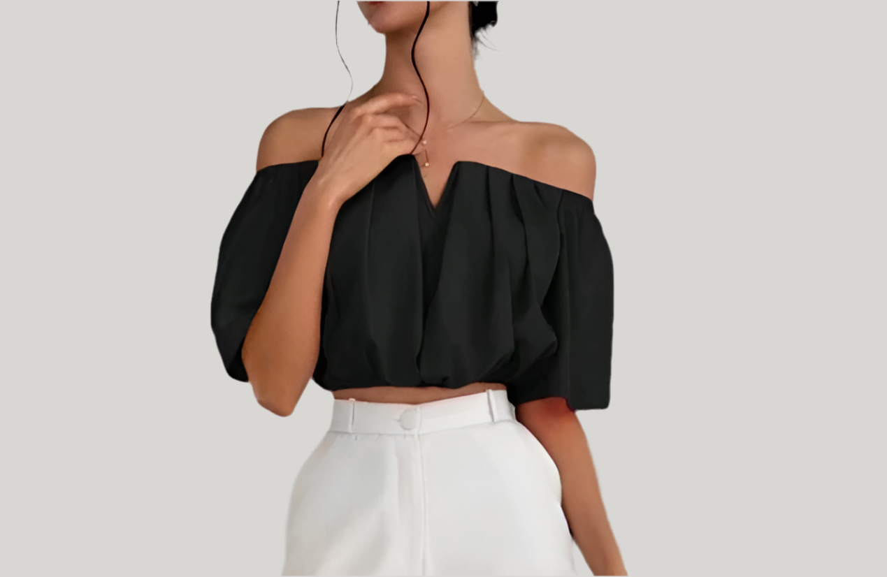 Casual Off-The-Shoulder Short Shirt With Pleats.