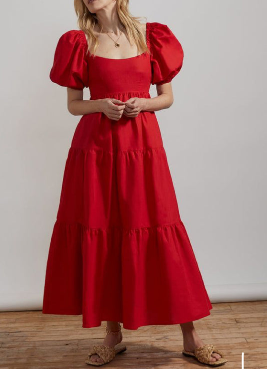 "Unleash Elegance: Red Flare Puff Sleeve Dress for Unforgettable Moments."