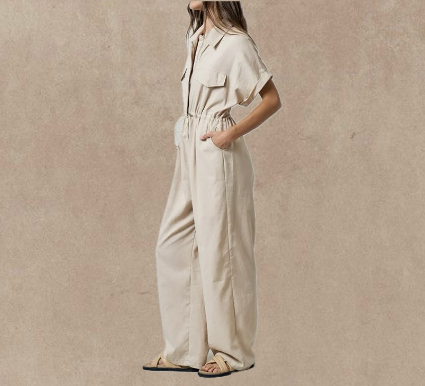 "Effortless Comfort: Elevate Your Everyday Look with Our Off-White Rayon Linen Blend Jumpsuit."