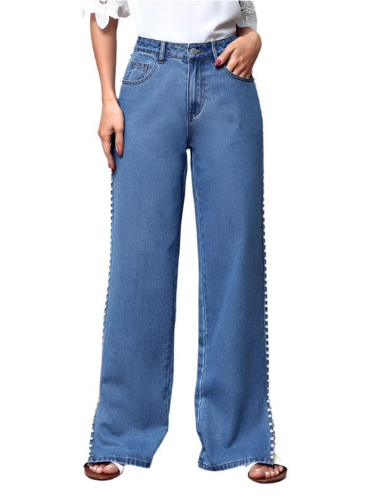 Pearl Embellished Wide-Leg Denim Pants