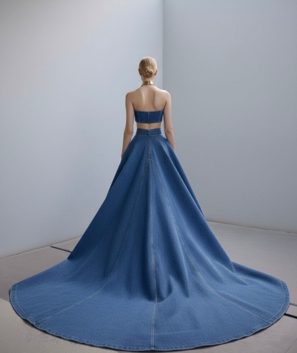 Midnight Indigo Denim Couture Set | Strapless Crop & Architectural Maxi Skirt