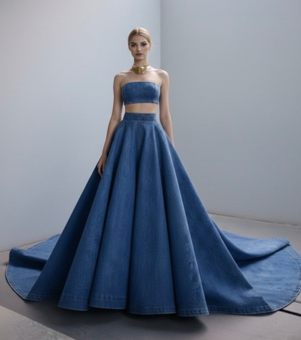 Midnight Indigo Denim Couture Set | Strapless Crop & Architectural Maxi Skirt