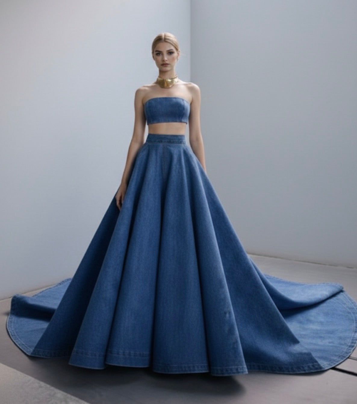 Midnight Indigo Denim Couture Set | Strapless Crop & Architectural Maxi Skirt
