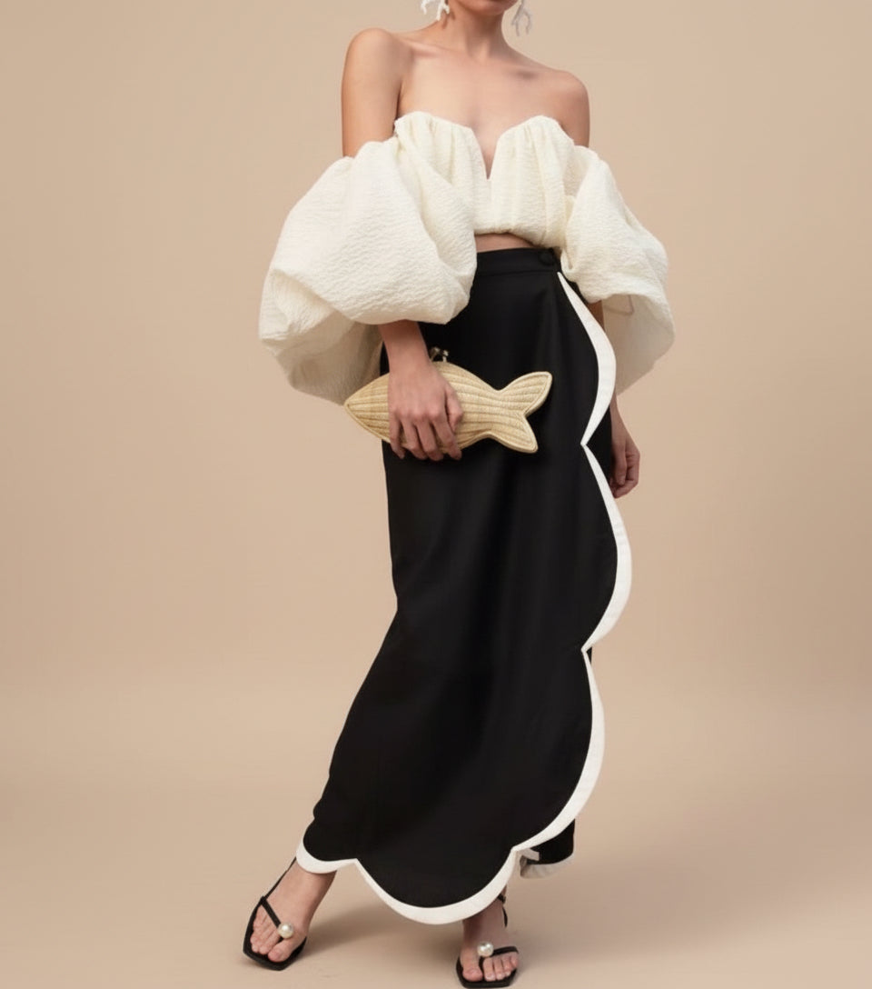 Elegant Off-Shoulder Puff Sleeve Crop Top with Contrast Scallop Maxi Skirt