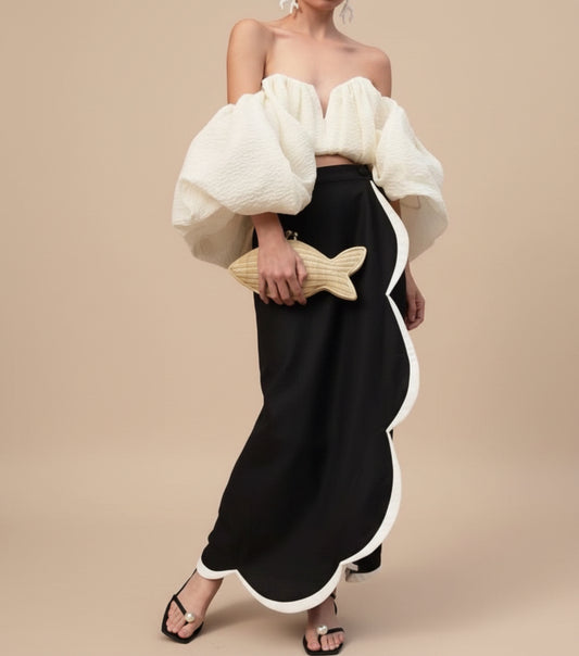 Elegant Off-Shoulder Puff Sleeve Crop Top with Contrast Scallop Maxi Skirt