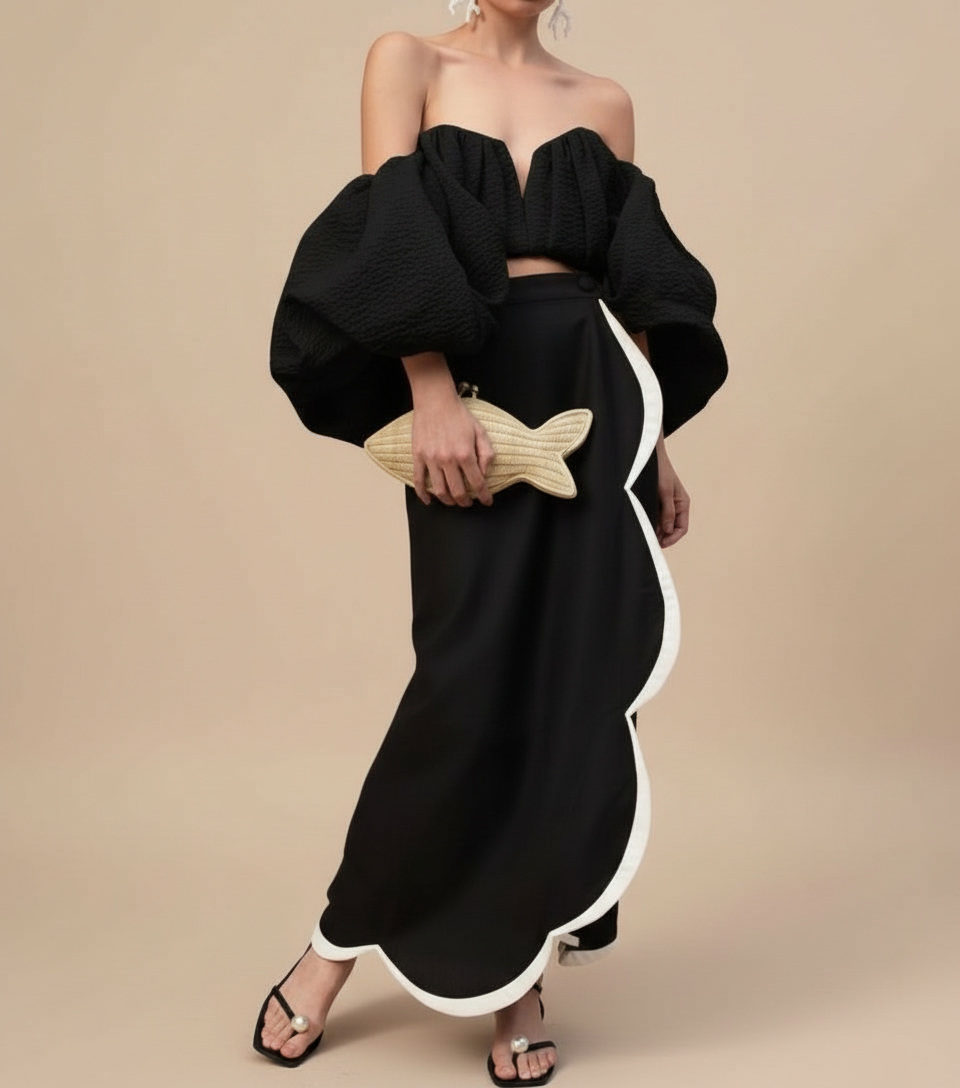 Elegant Off-Shoulder Puff Sleeve Crop Top with Contrast Scallop Maxi Skirt