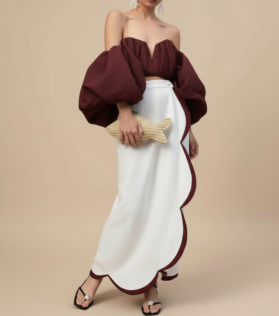 Elegant Off-Shoulder Puff Sleeve Crop Top with Contrast Scallop Maxi Skirt