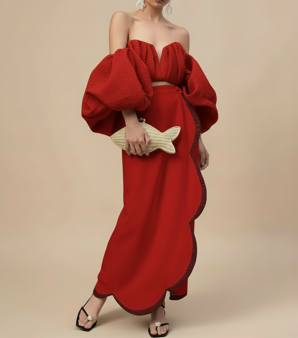 Elegant Off-Shoulder Puff Sleeve Crop Top with Contrast Scallop Maxi Skirt