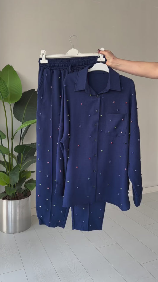 Elegant Navy Studded Co-ord Set | Luxe Linen Rayon Blend.