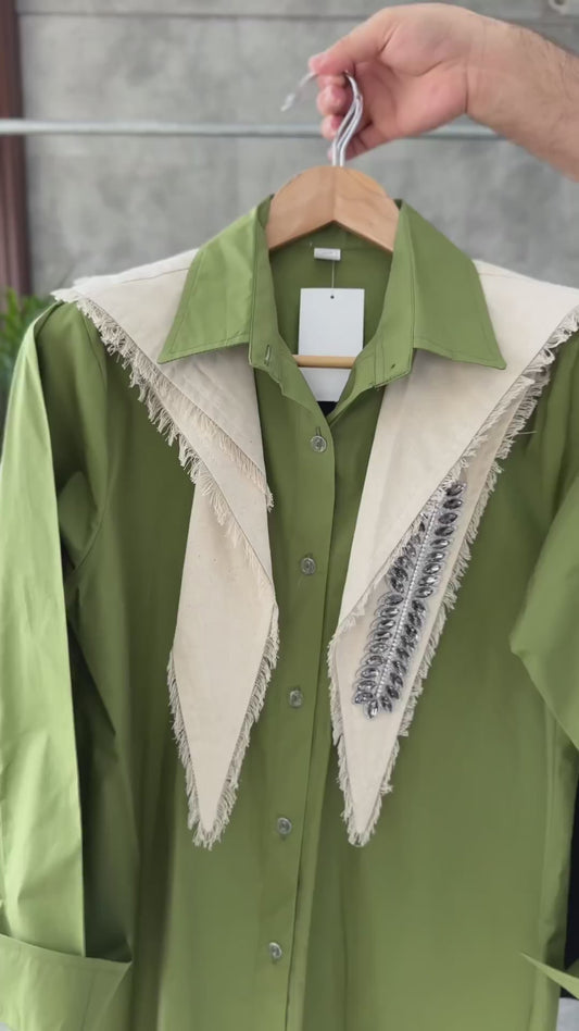 Stylish Linen Blend Shirt with Contrast Fringe Lapel